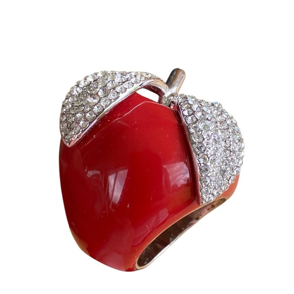 Vintage Y2k Womens Large Crystal Enamel Red Bitten Apple Ring - Picture 3 of 7